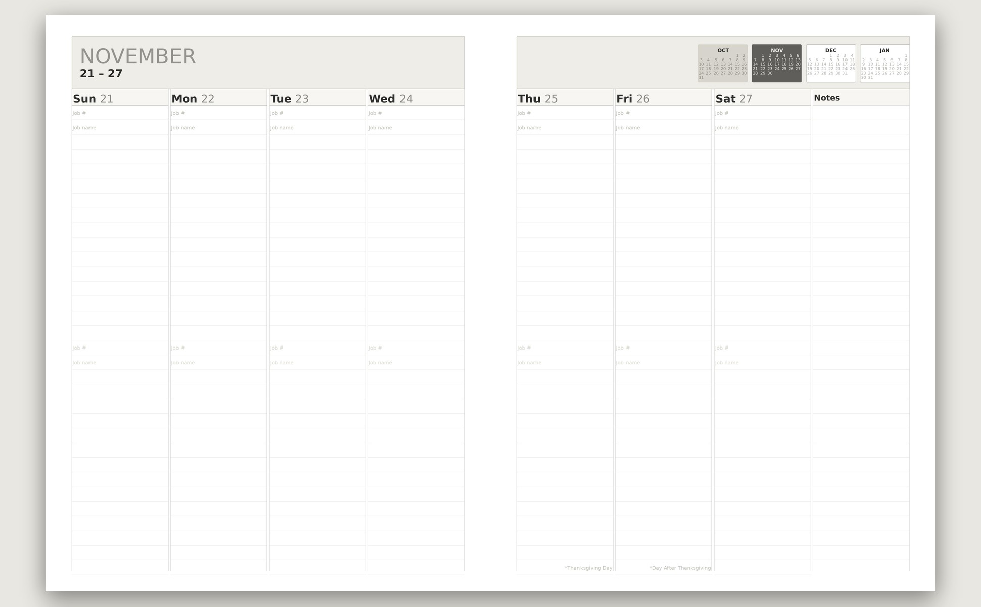A full weekly spread from the planner, showing the week laid out with room to assign crews to job sites.