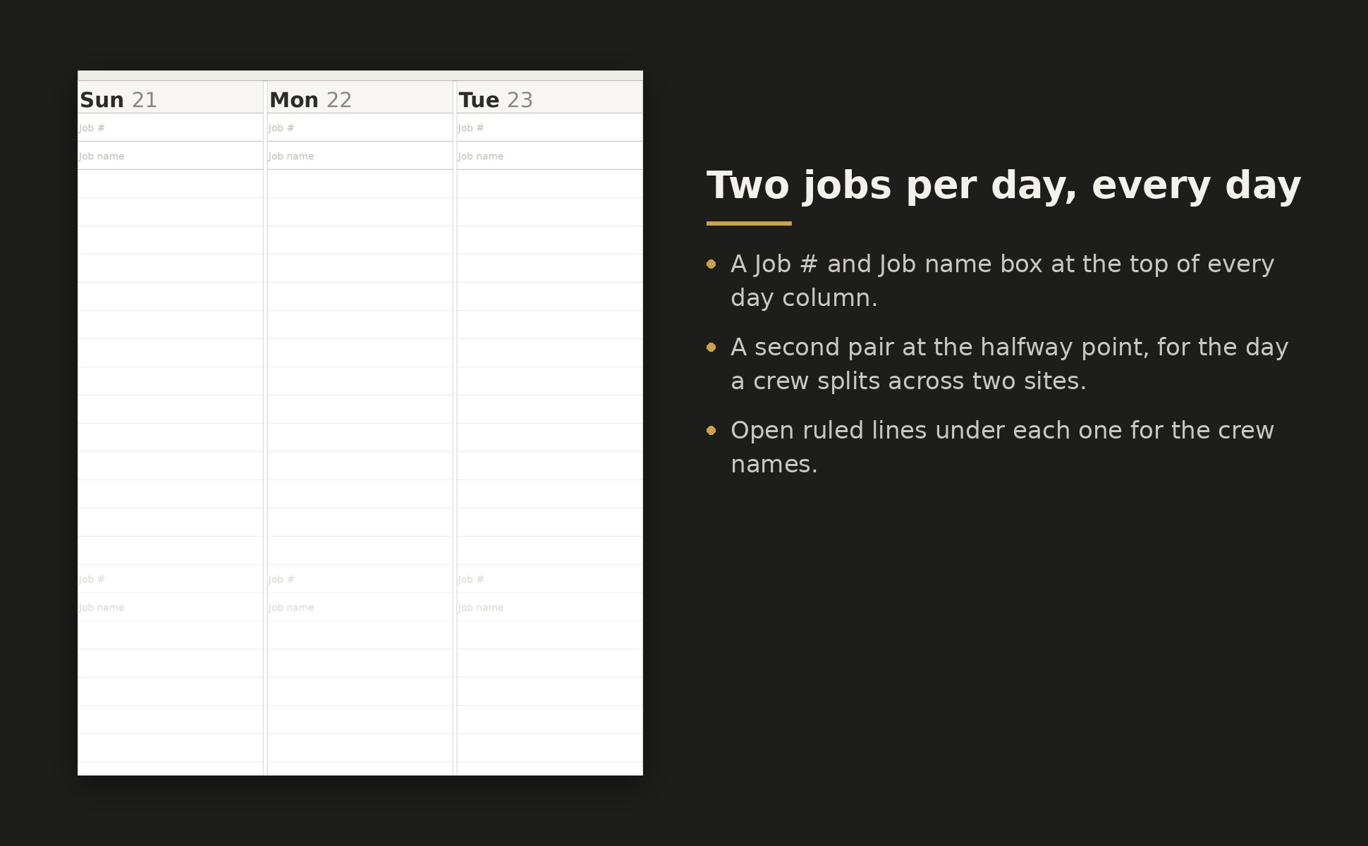 Close-up of the job boxes for a single day, with space for two jobs.