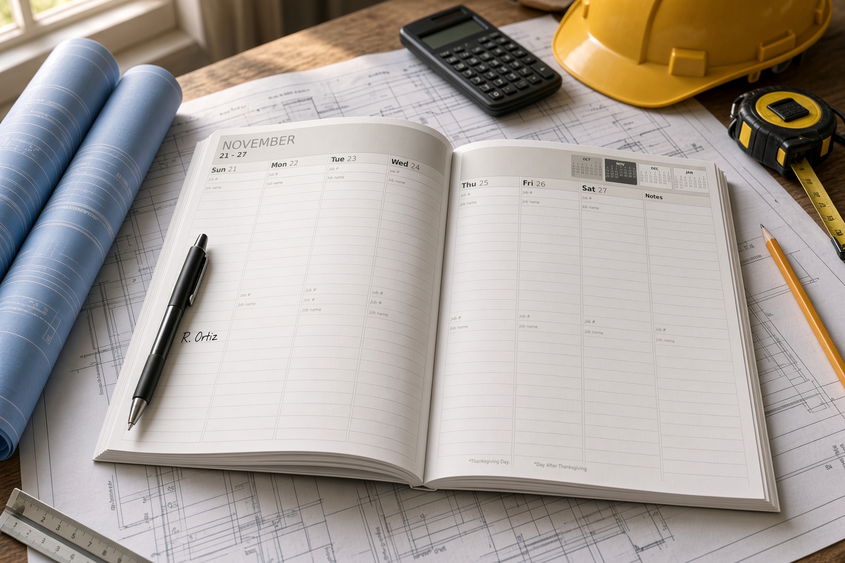 The Weekly Crew Scheduler open on a job-site desk next to rolled blueprints, a ruler, a pencil, a calculator, a tape measure, and a hard hat.